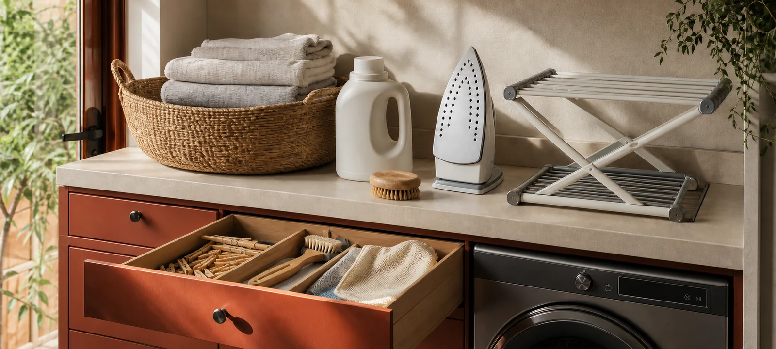 A practical laundry room with warm finishes, baskets and tidy everyday storage