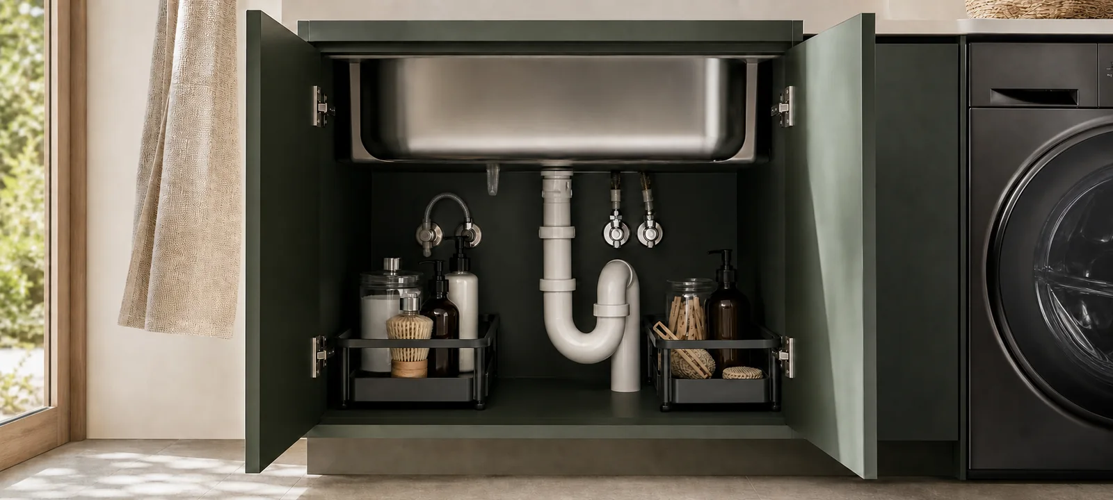 A practical laundry room with warm finishes, baskets and tidy everyday storage