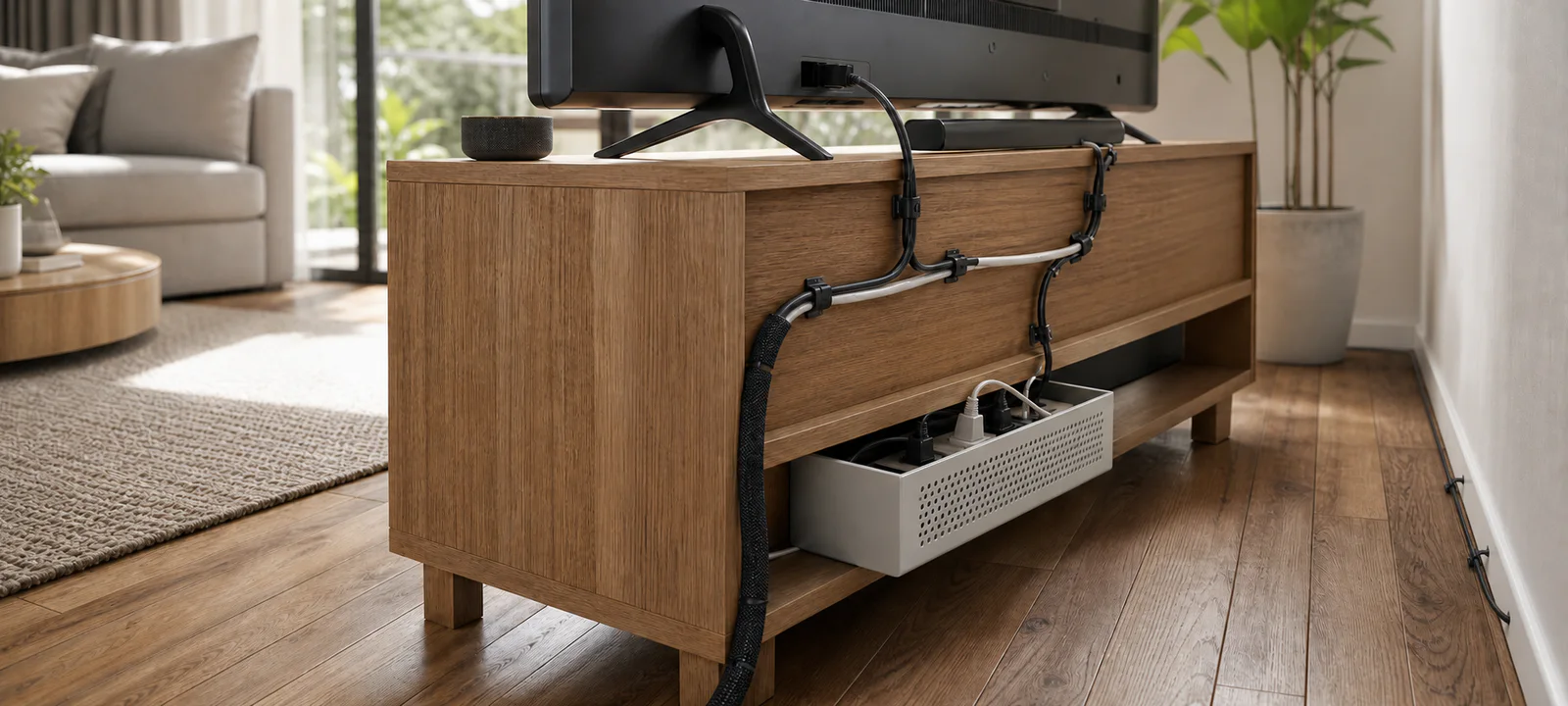 Entertainment cables secured behind a timber TV unit with clips, a fabric sleeve and a ventilated power-board box