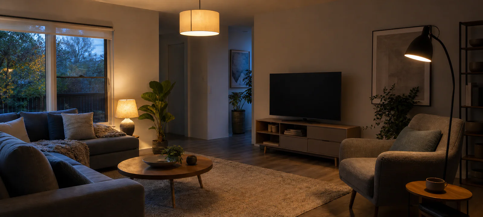 A living room using evening daylight, a ceiling light, a table lamp and a floor reading lamp without screen glare