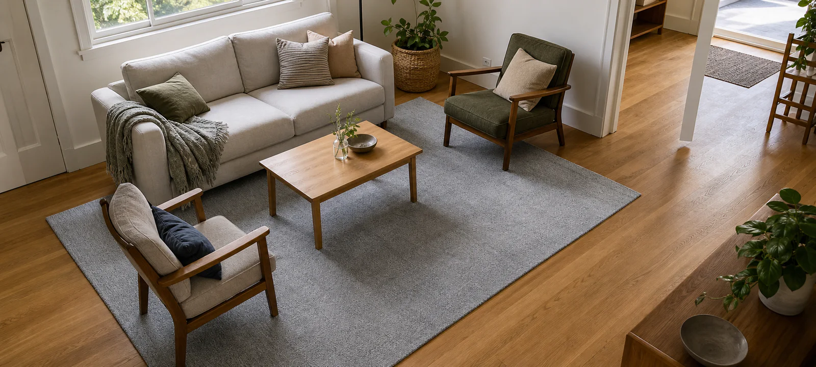 A grey living-room rug sized beneath the front legs of a sofa and two armchairs with a clear timber-floor walkway