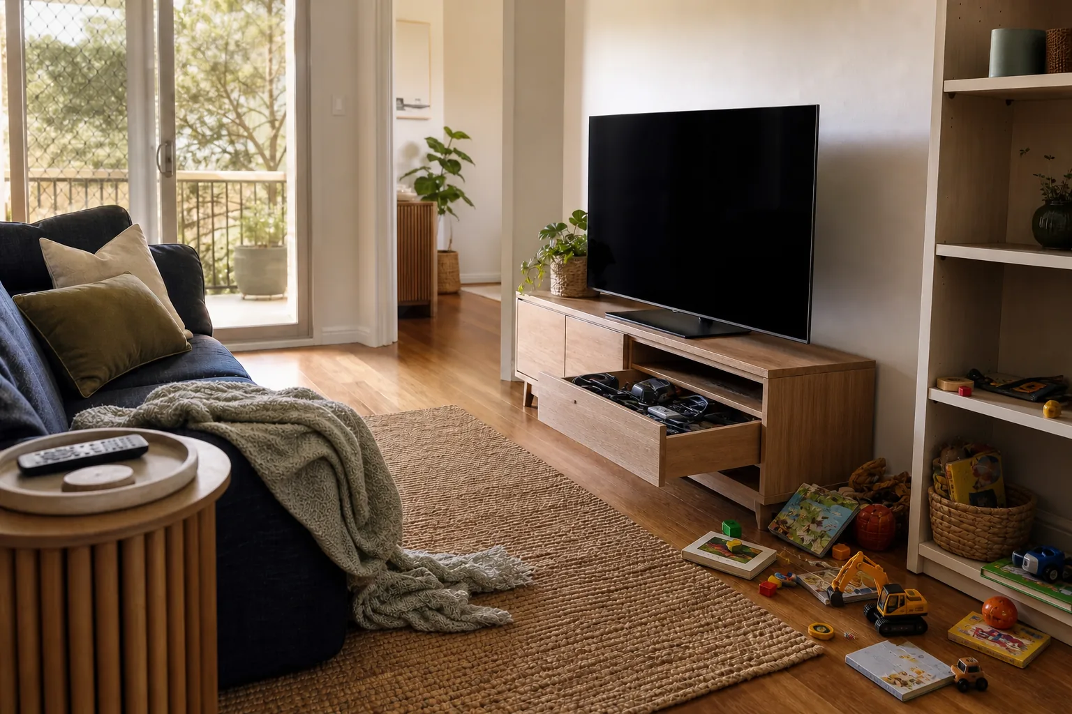 A lived-in living room with a rug, low furniture and everyday items near the floor