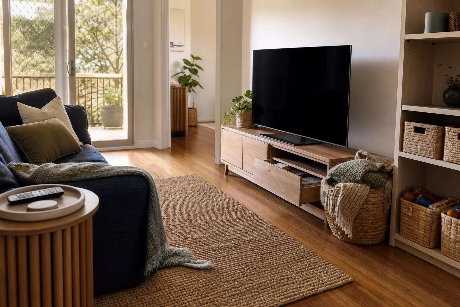The same living room with media, blankets and toys returned to small storage zones around a clear walking route