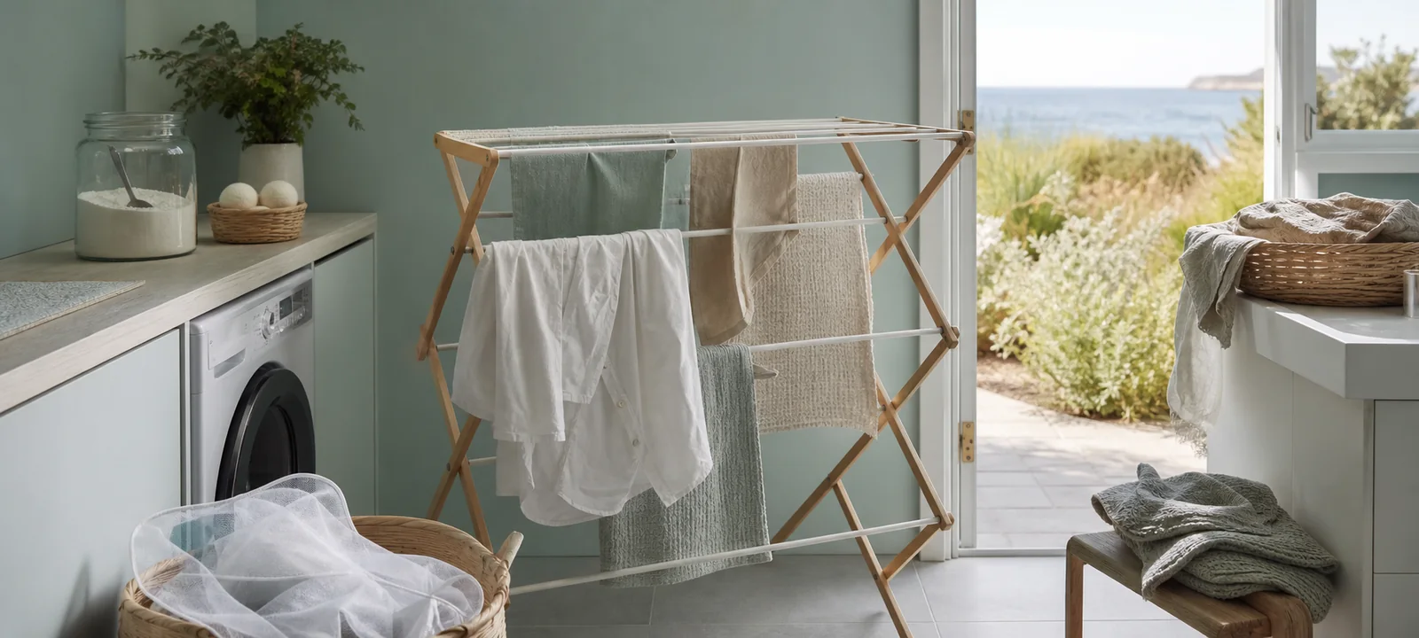 Laundry baskets and washing supplies arranged in a compact Australian laundry