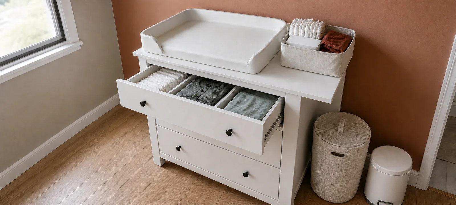 A stable nappy-change surface with nappies, wipes, spare clothing and closed laundry and disposal bins within reach