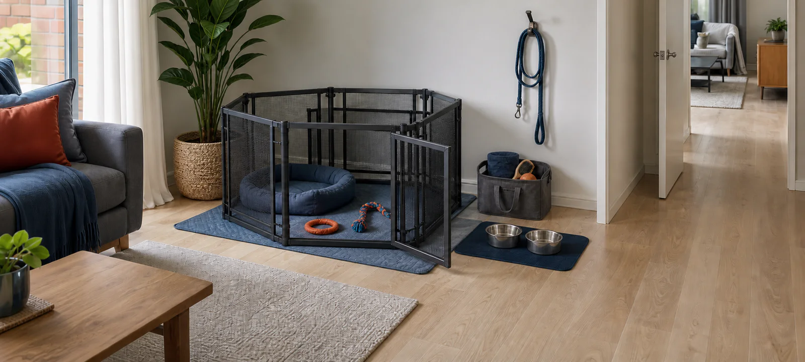 A new-puppy zone with an open playpen, washable bed, plain bowls, safe toys and portable supplies