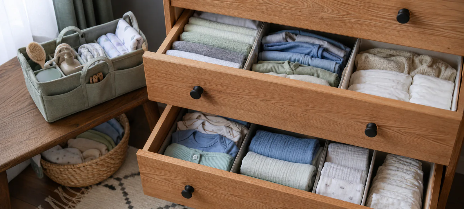 Newborn nappies, plain wraps, feeding cloths and clothing organised in drawers, baskets and a portable caddy
