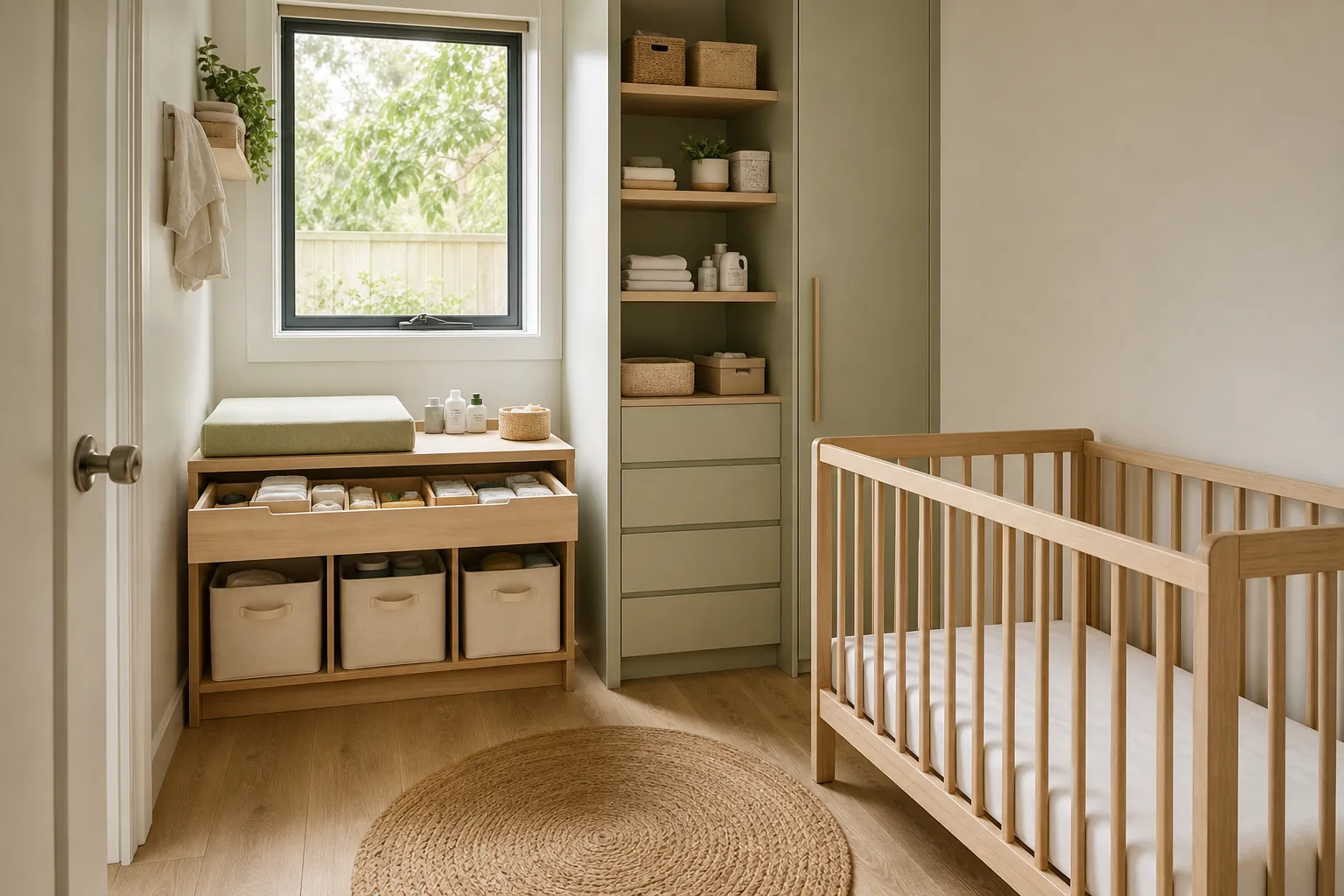 A compact nursery with an empty cot, an open change-table drawer, low fabric baskets and higher storage