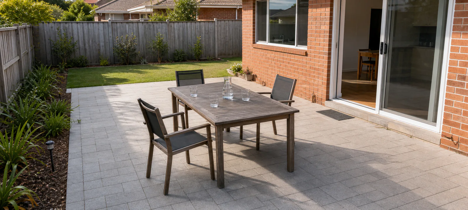 A timber outdoor table and chairs with generous pull-out space and a clear path from the back door