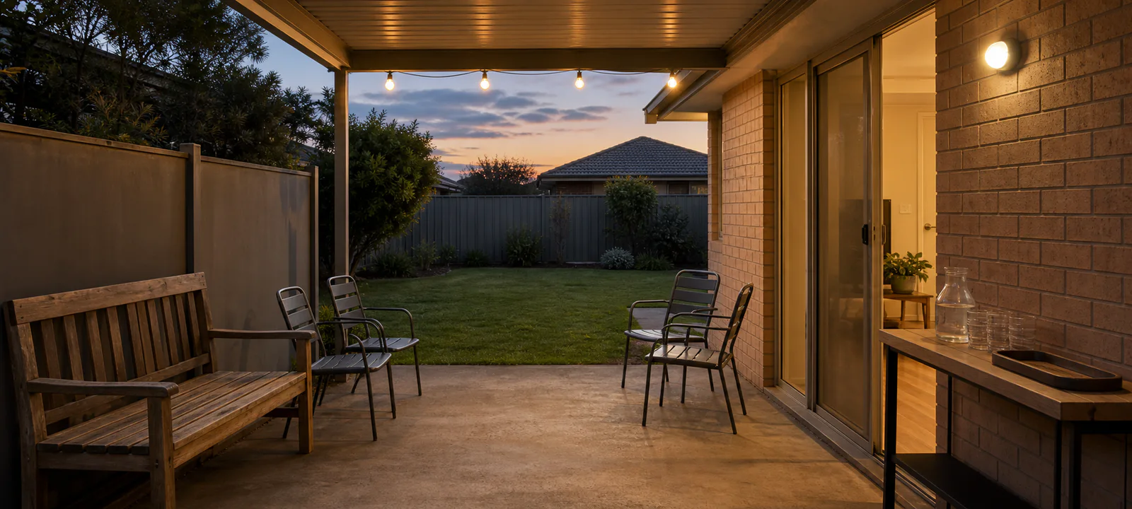 An empty covered patio with flexible chairs, a timber bench, serving console and secure overhead lights
