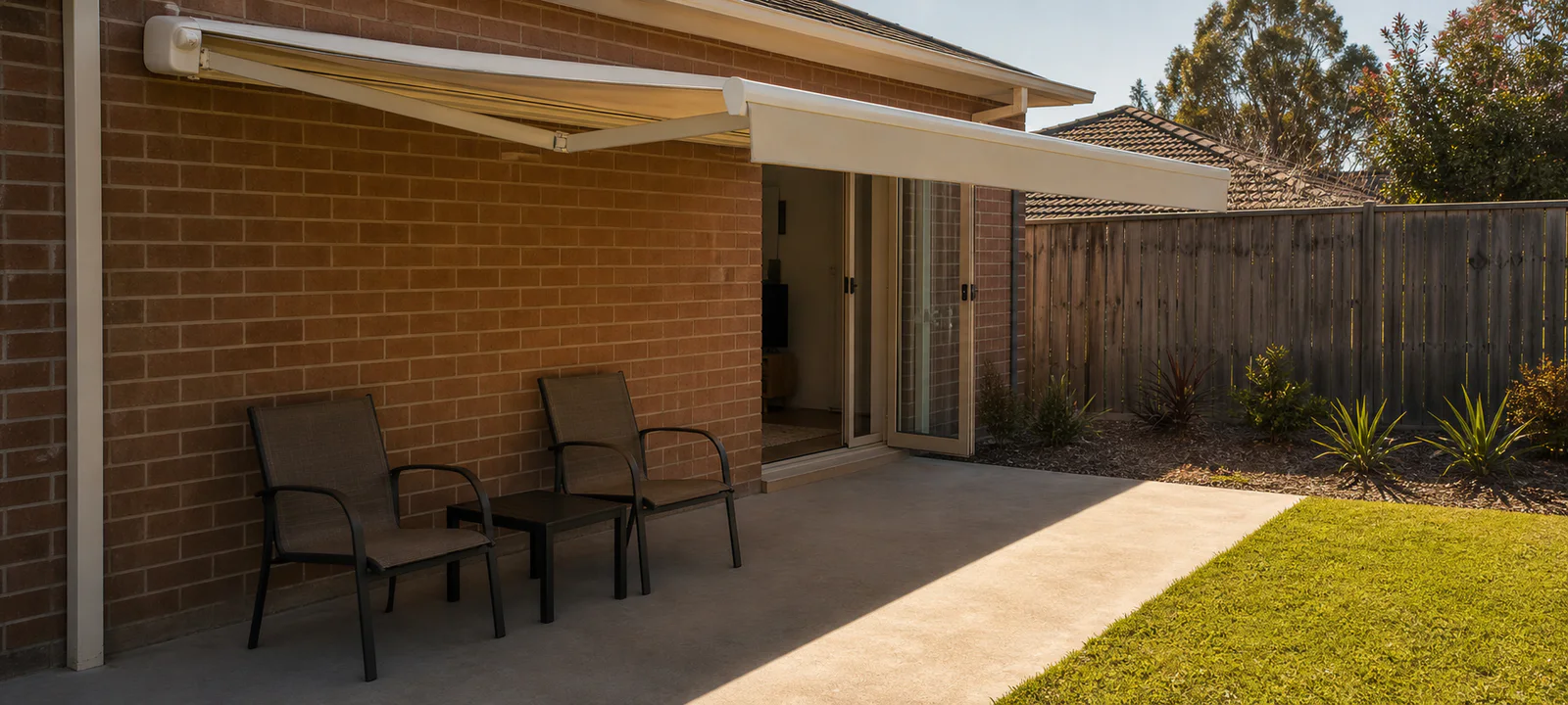 A retractable awning shading two patio chairs while late-afternoon sun reaches the open lawn