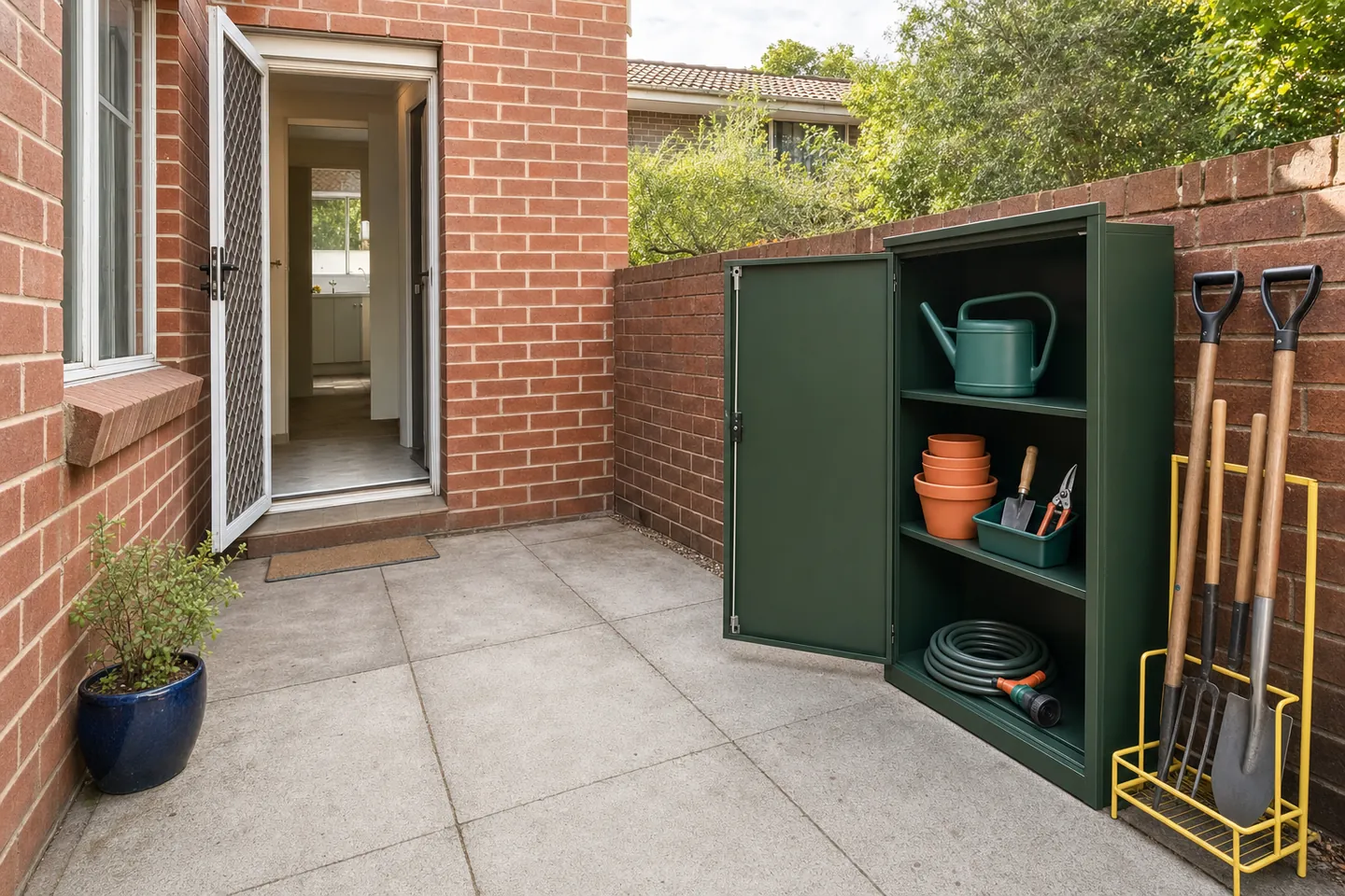 A brick townhouse courtyard with an open garden cabinet, upright tool rack and clear path from the back door