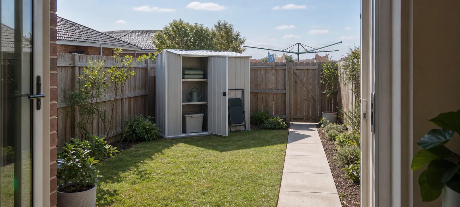 A narrow garden shed beside an open lawn and clear paved path in a compact suburban backyard