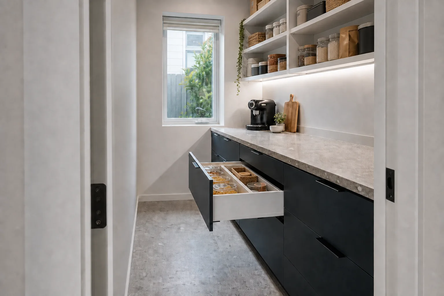 A compact walk-in pantry with open shelves, navy drawers and a clear aisle