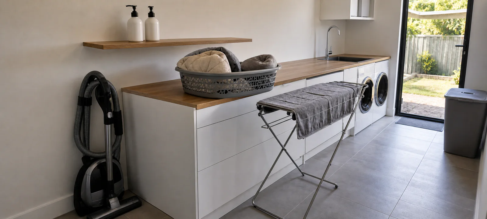 Washable pet covers, a canister vacuum, drying rack and restrained cleaning supplies organised in a laundry