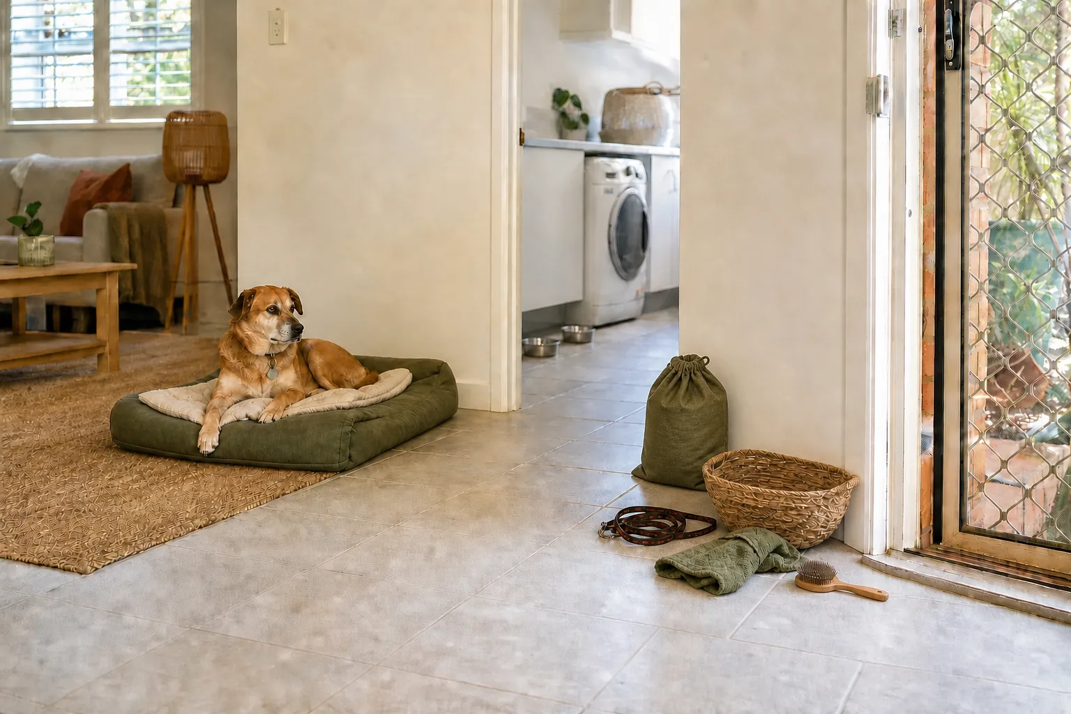 Pet bowls, lead, towel, brush and supplies scattered around the edges of a home's tiled route