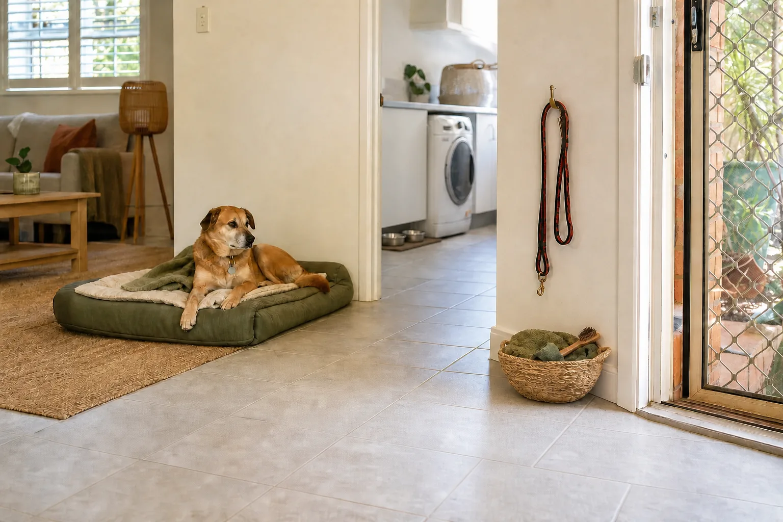 A dog resting in a practical pet zone with bedding, a lead, grooming supplies and clear household access