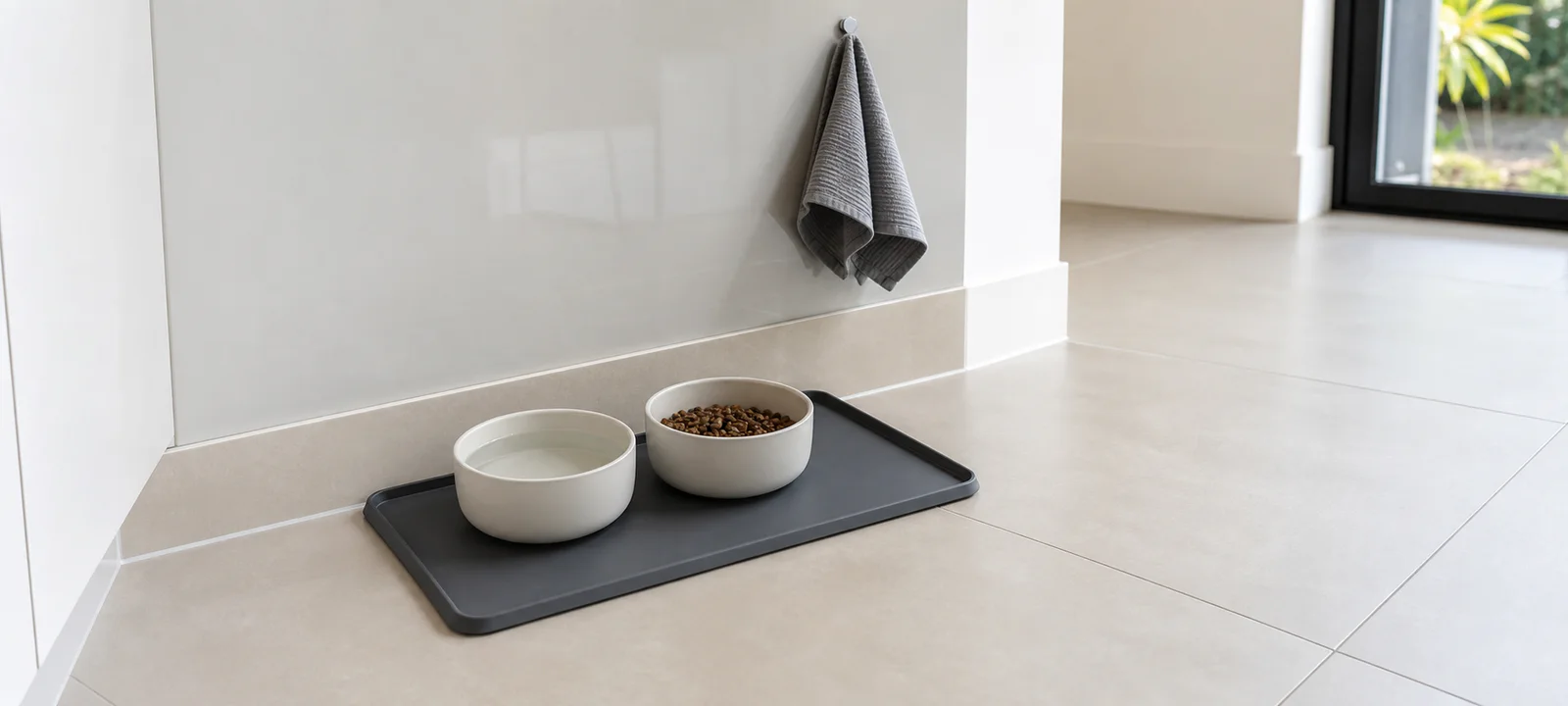 Plain food and water bowls on a raised-edge washable mat in an open tiled kitchen corner