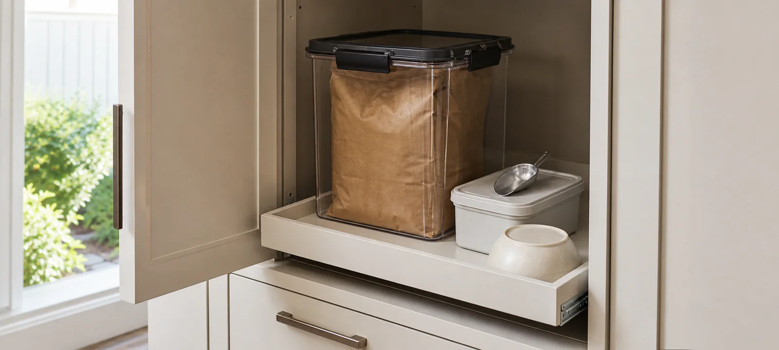 A sealed clear pet-food container holding an unbranded bag on a secure pantry shelf with a scoop and clean bowl