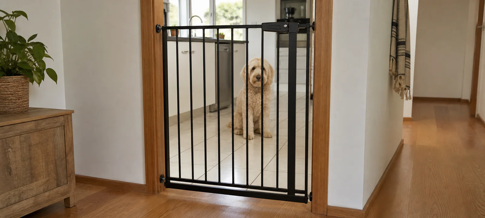 A fitted black pet gate with a secure latch across a flat internal doorway and a calm dog seated behind it