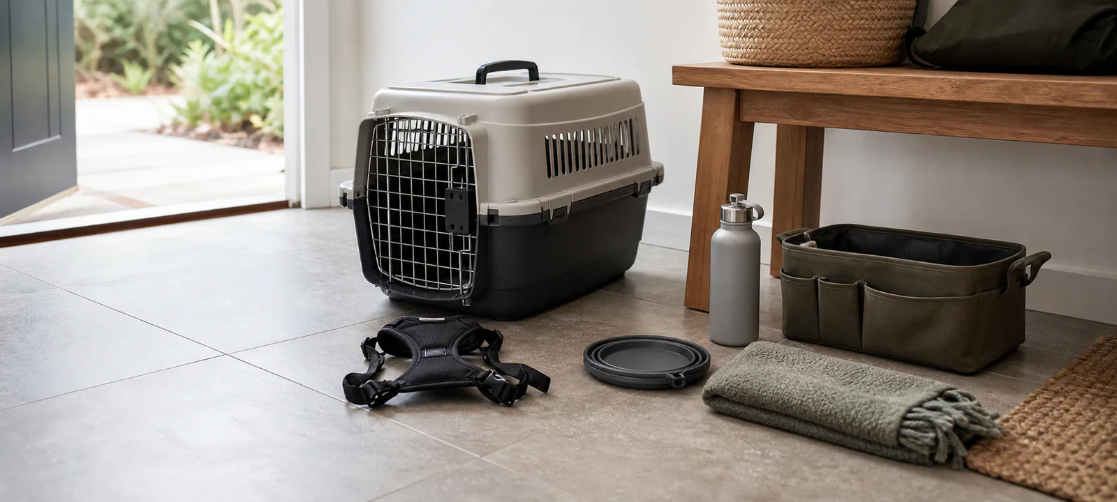 A household packing zone with a secure pet carrier, travel harness, water bottle, collapsible bowl and folded blanket