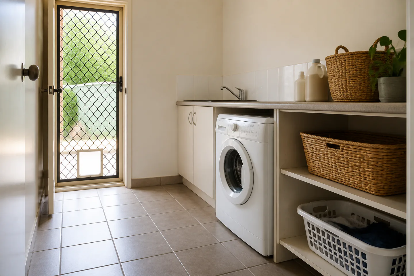 A practical laundry with a front-loading washing machine, basket shelving and clear floor space to the back door