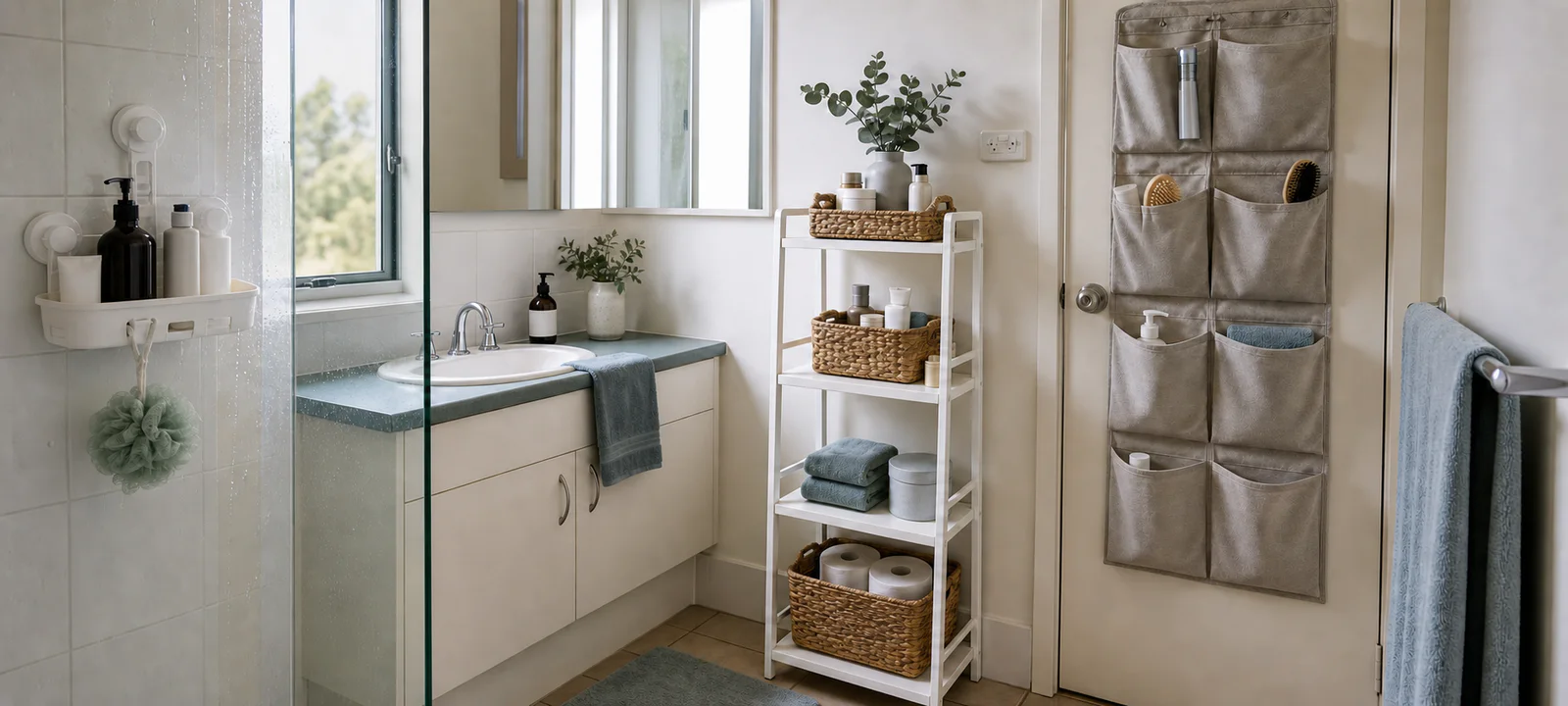 A compact rental bathroom with a suction-mounted shower caddy, freestanding shelf, removable baskets and an over-door organiser