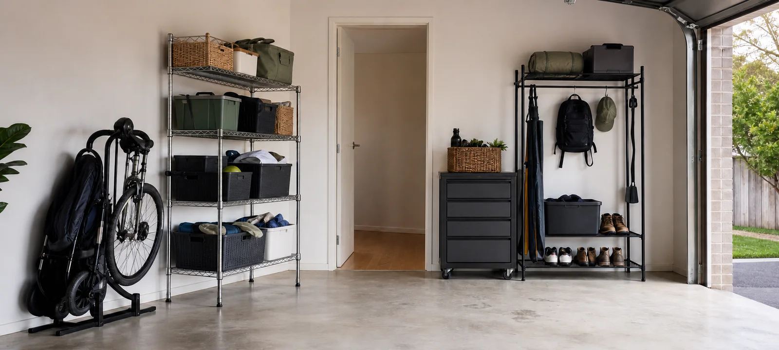 A rental garage with freestanding shelves, a rolling cabinet, portable racks and removable storage baskets