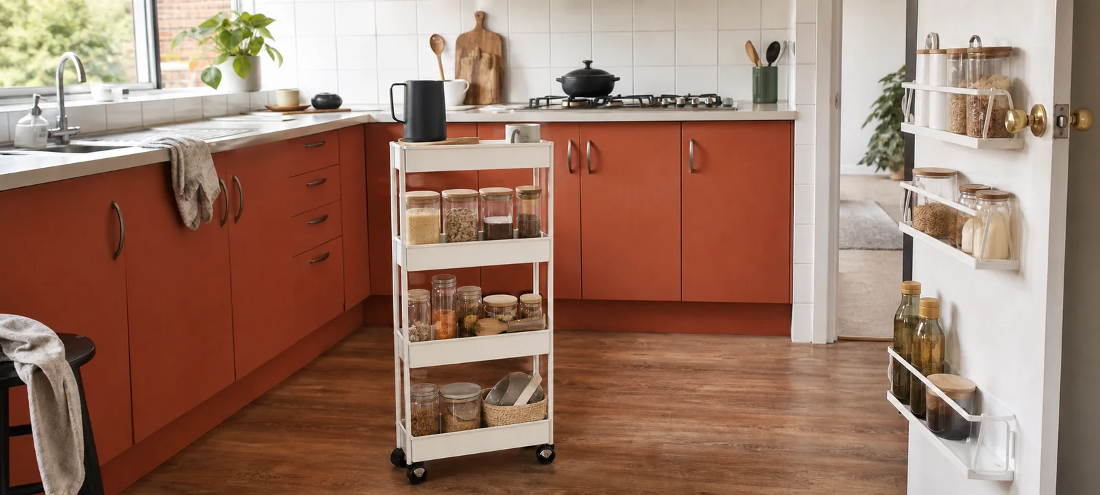 A warm compact kitchen with tidy removable storage and green accents