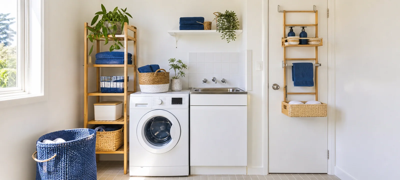 A practical laundry room with warm finishes, baskets and tidy everyday storage