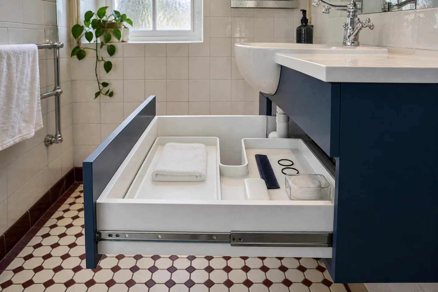 A shallow white vanity drawer inside a blue cabinet with a U-shaped plumbing cut-out and items stored below its rim