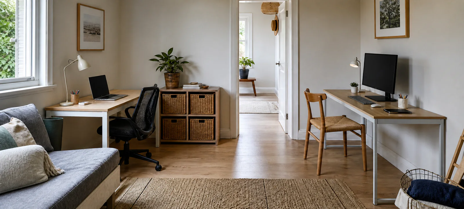 Two separate home workstations with shared basket storage and a clear path through a multipurpose room