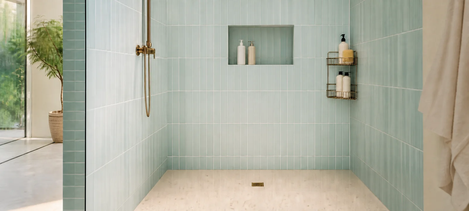 A tidy shower area with practical storage, warm bathroom finishes and soft natural light