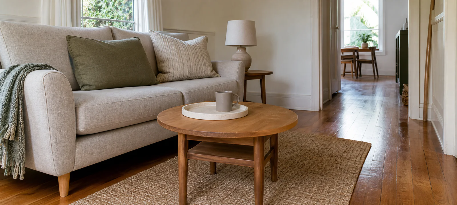 A round coffee table and small lamp table positioned within reach of a sofa beside a clear hallway