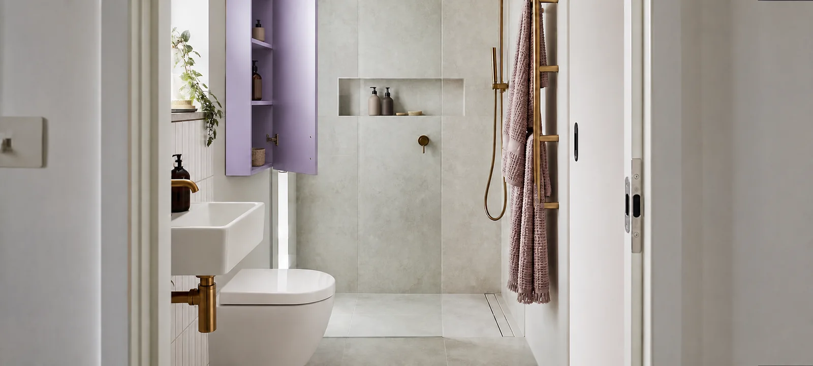 A compact bathroom with warm finishes, practical storage and soft natural light