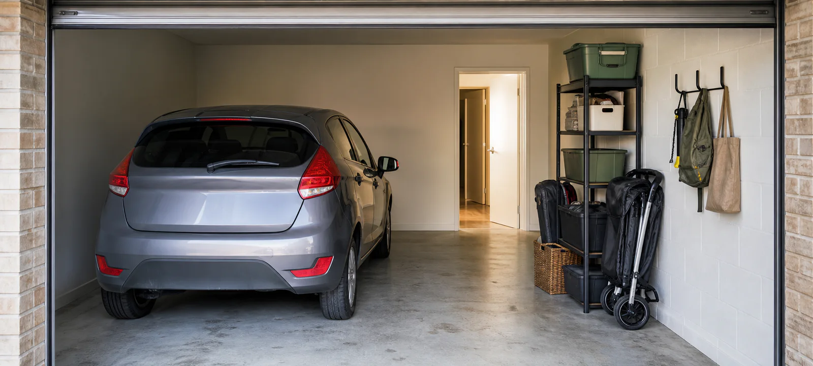 A compact single-car garage with a small hatchback, narrow freestanding shelving, a folded pram and a clear path to the internal door
