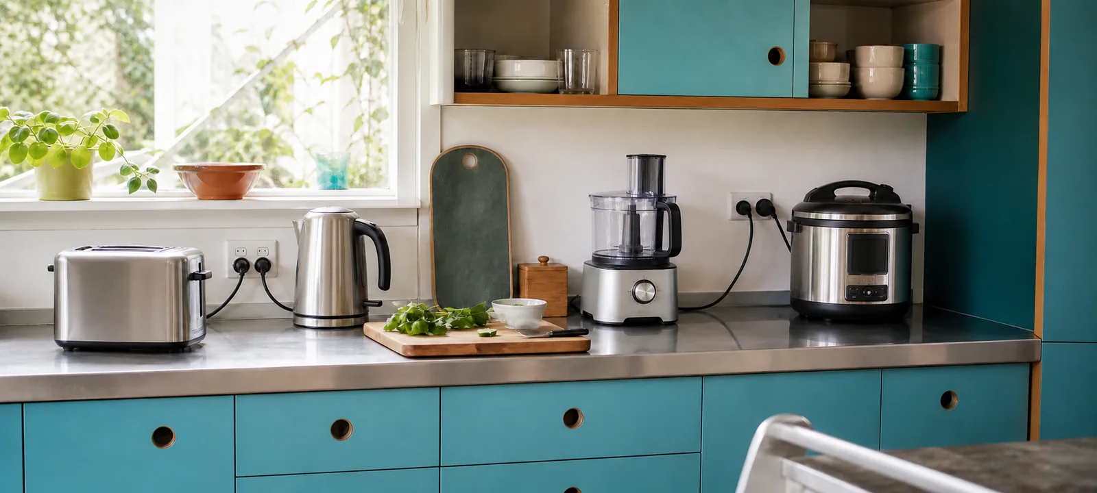 A warm kitchen with timber cabinetry, green accents and practical appliance storage