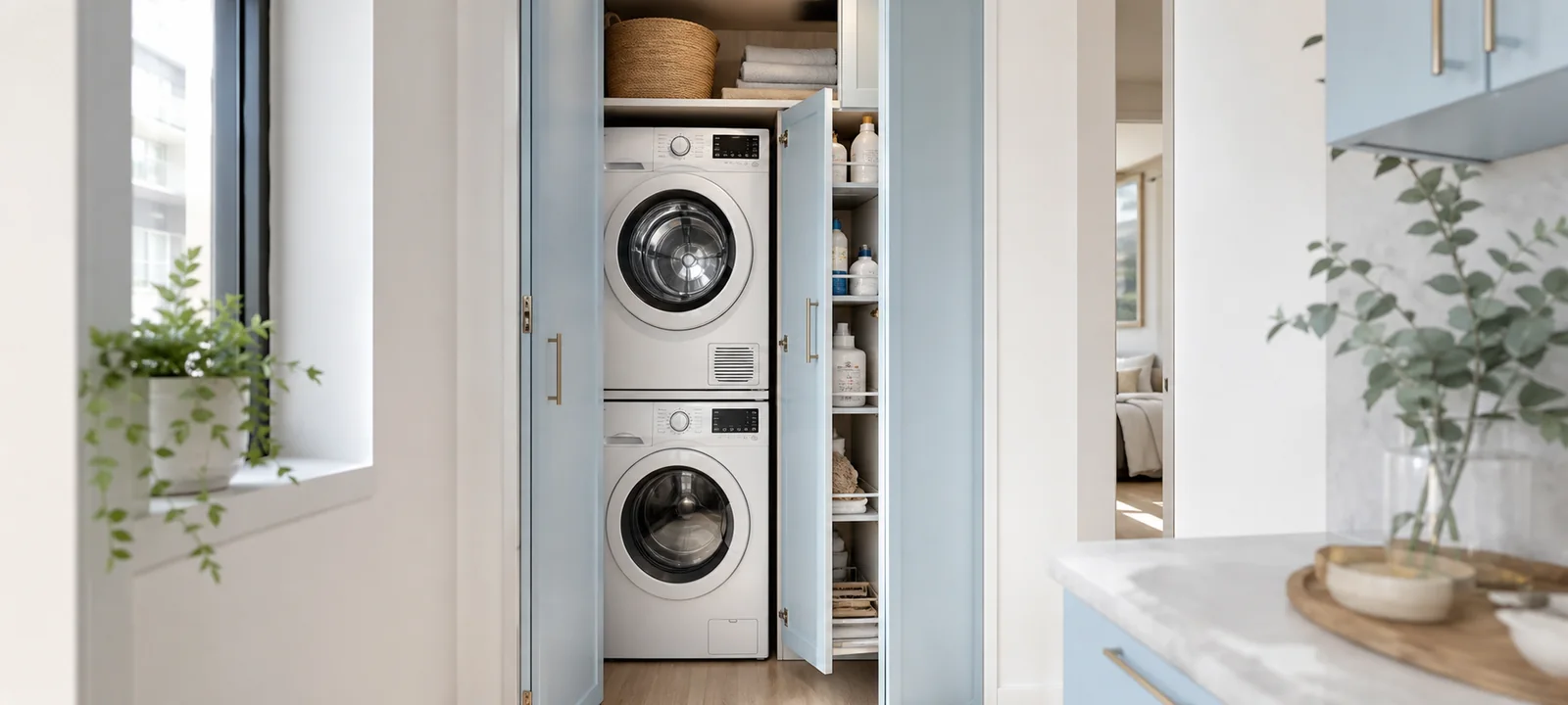 A practical laundry room with warm finishes, baskets and tidy everyday storage