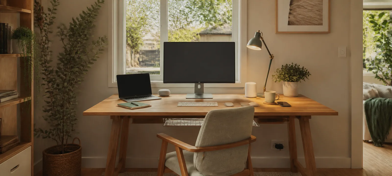 A warm home office with a timber desk, monitor, laptop, task lamp and discreet connected controls