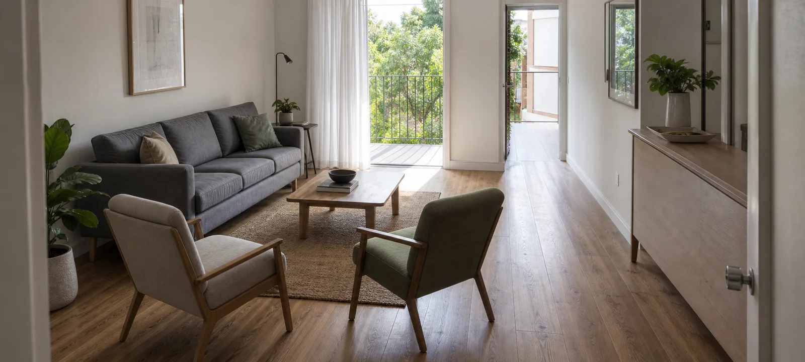 A grey sofa and two armchairs arranged around a small table with clear access to the hallway and balcony