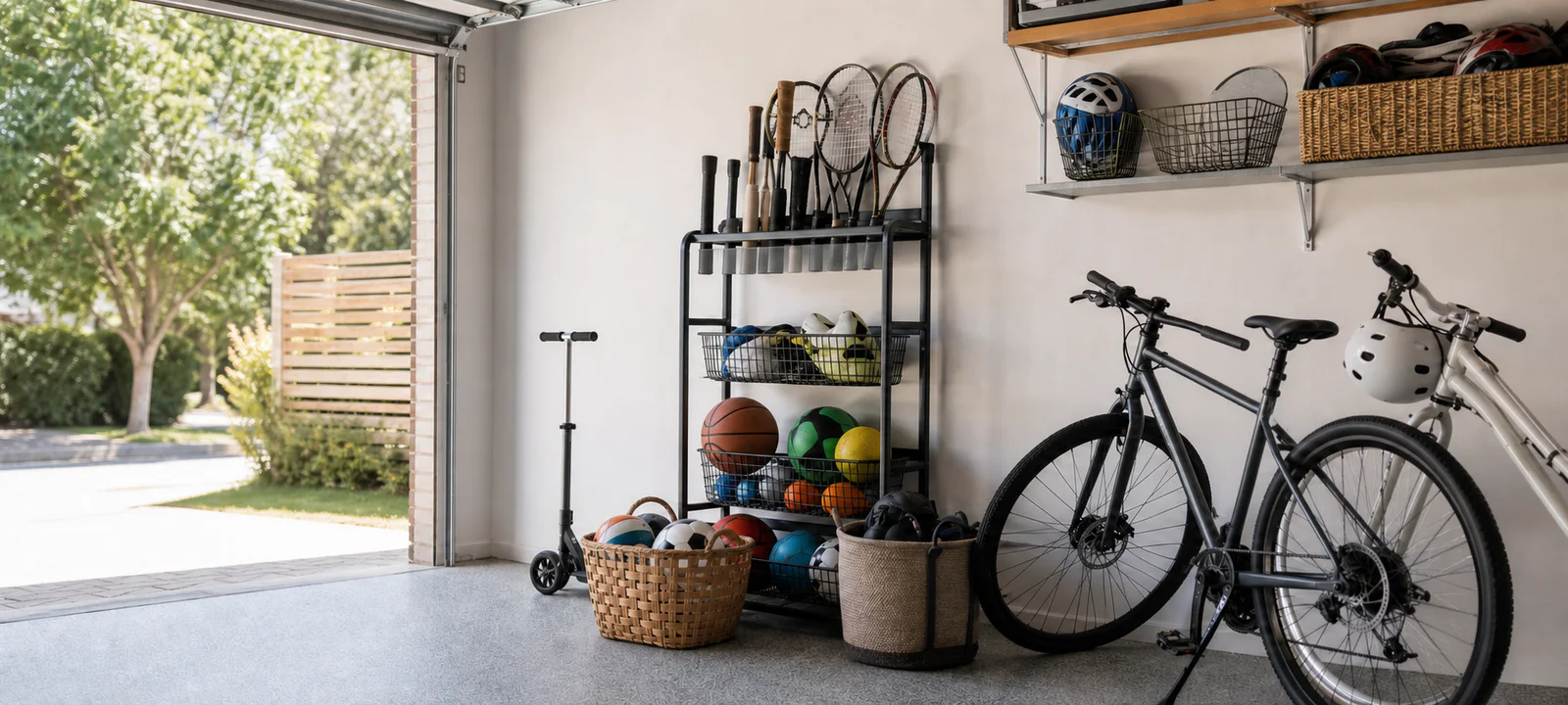 Bicycles, a scooter, helmets, balls and rackets organised in a practical garage sports-equipment zone