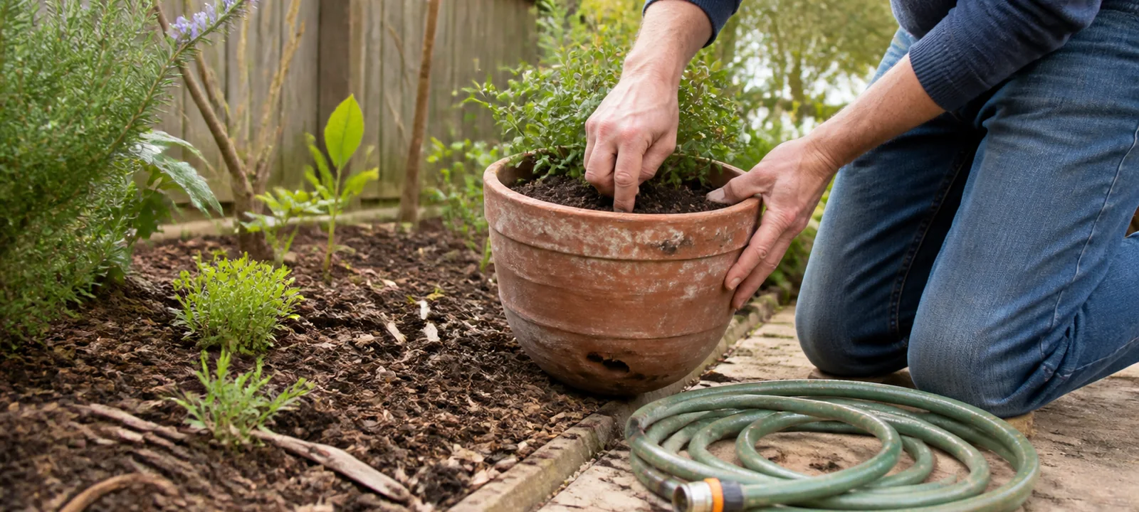 An Australian homeowner checking soil in a weathered pot beside a mulched garden bed and coiled hose