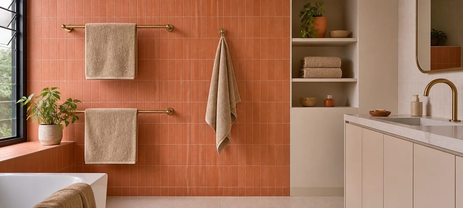 A tidy bathroom with warm finishes, soft light and practical everyday towel storage