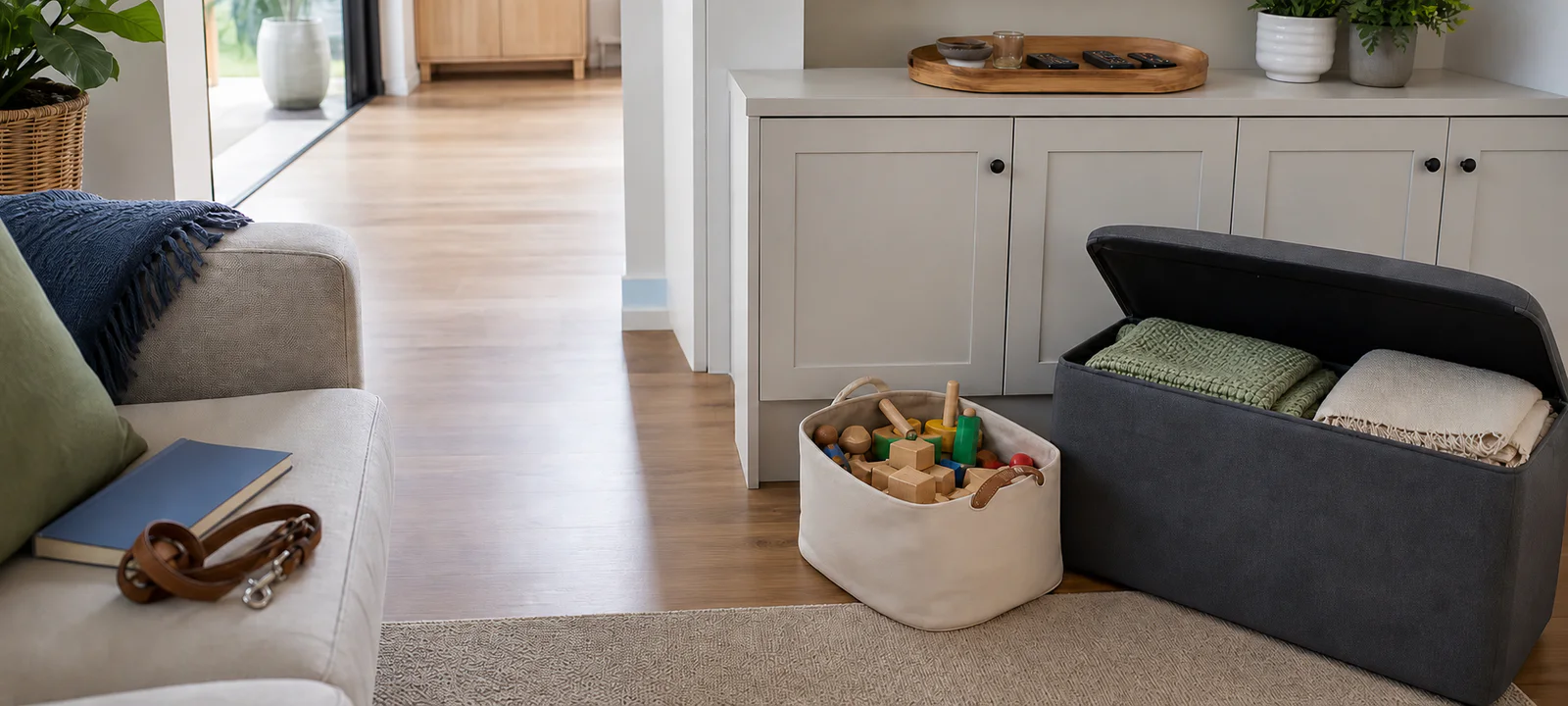 A living-room reset zone with toys in a canvas basket, folded blankets in an open ottoman and remotes grouped on a tray