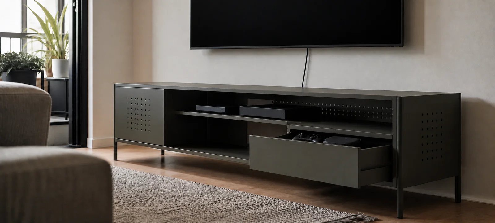 A low charcoal entertainment unit with ventilated media bays, accessible devices and an open accessories drawer