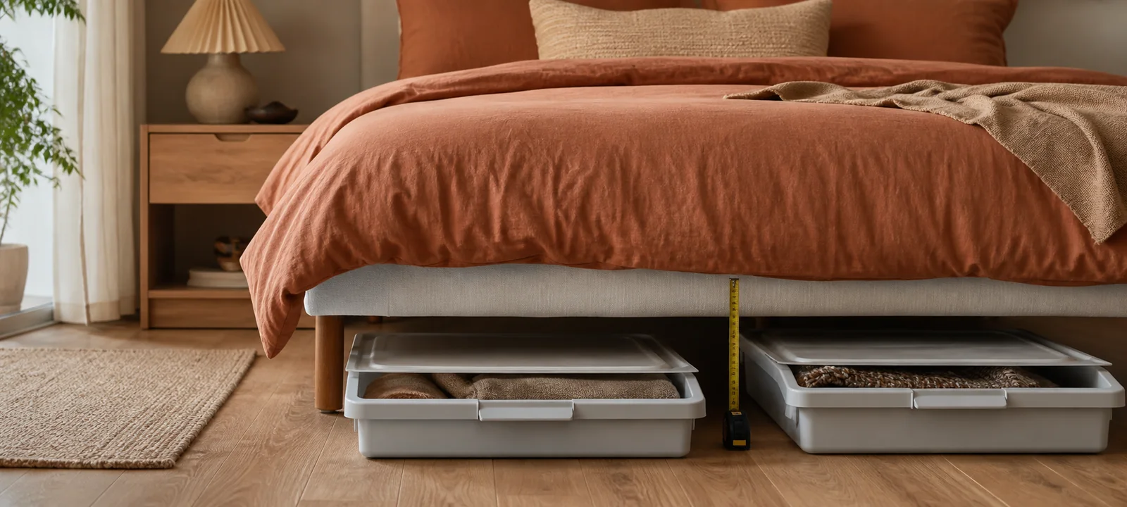 A calm bedroom with soft bedding and practical under-bed storage space