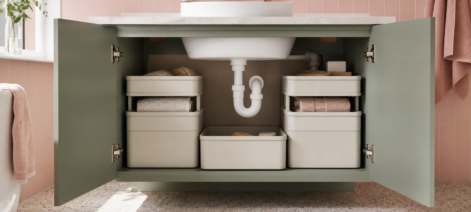 A bathroom vanity cabinet with practical under-sink storage and warm natural light