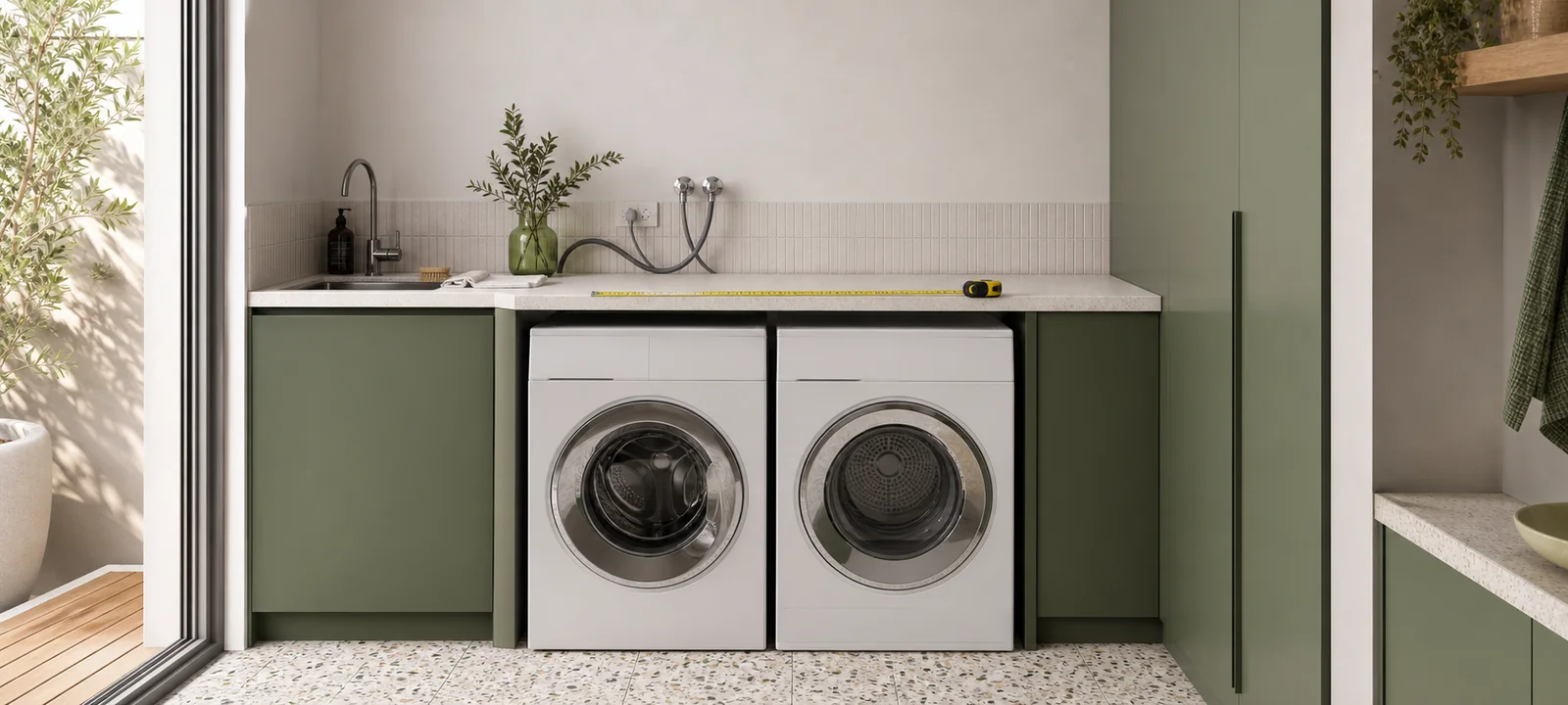 A practical laundry room with warm finishes, baskets and tidy everyday storage