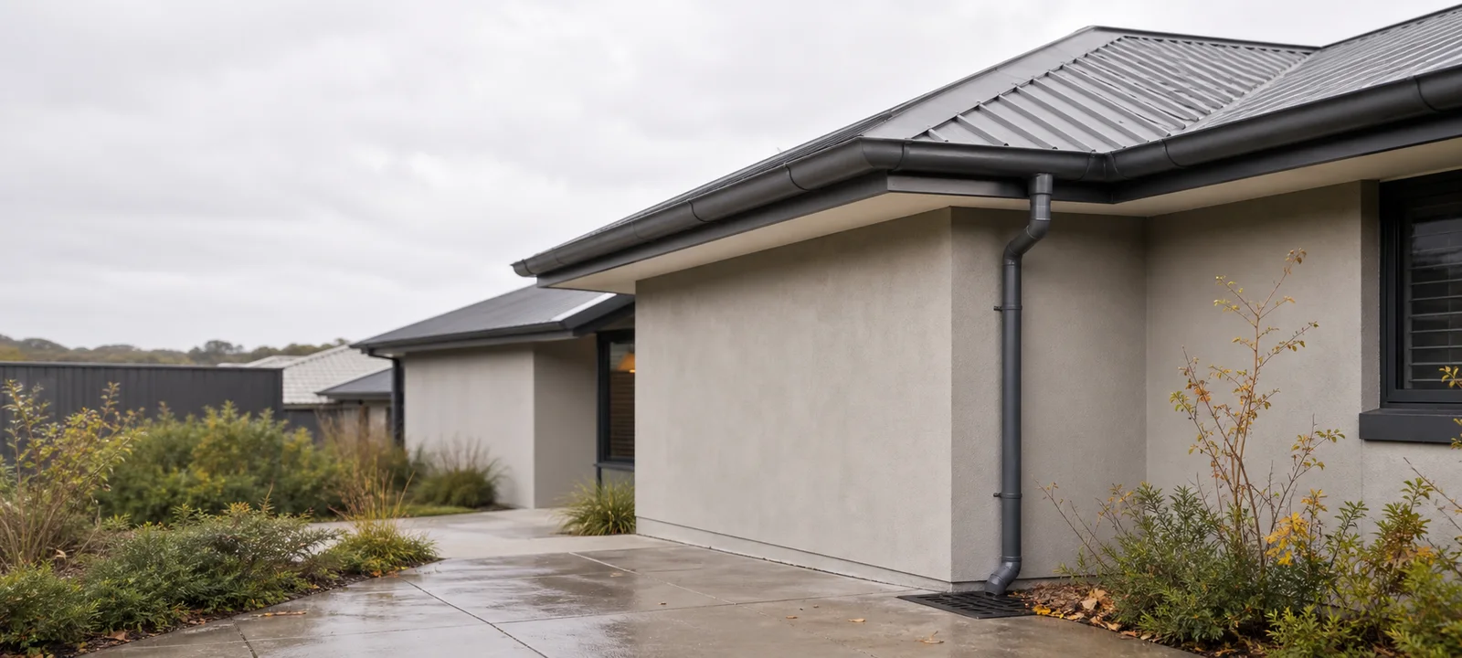 Clean gutters and a connected downpipe on an Australian home during autumn