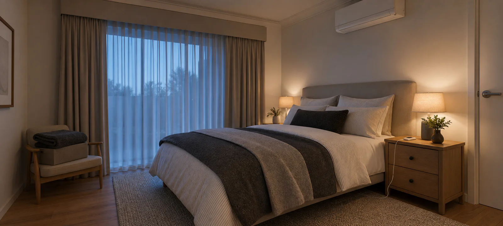 A winter bedroom with closed curtains, reverse-cycle air conditioning, warm bedding and an electric-blanket controller on the bedside table